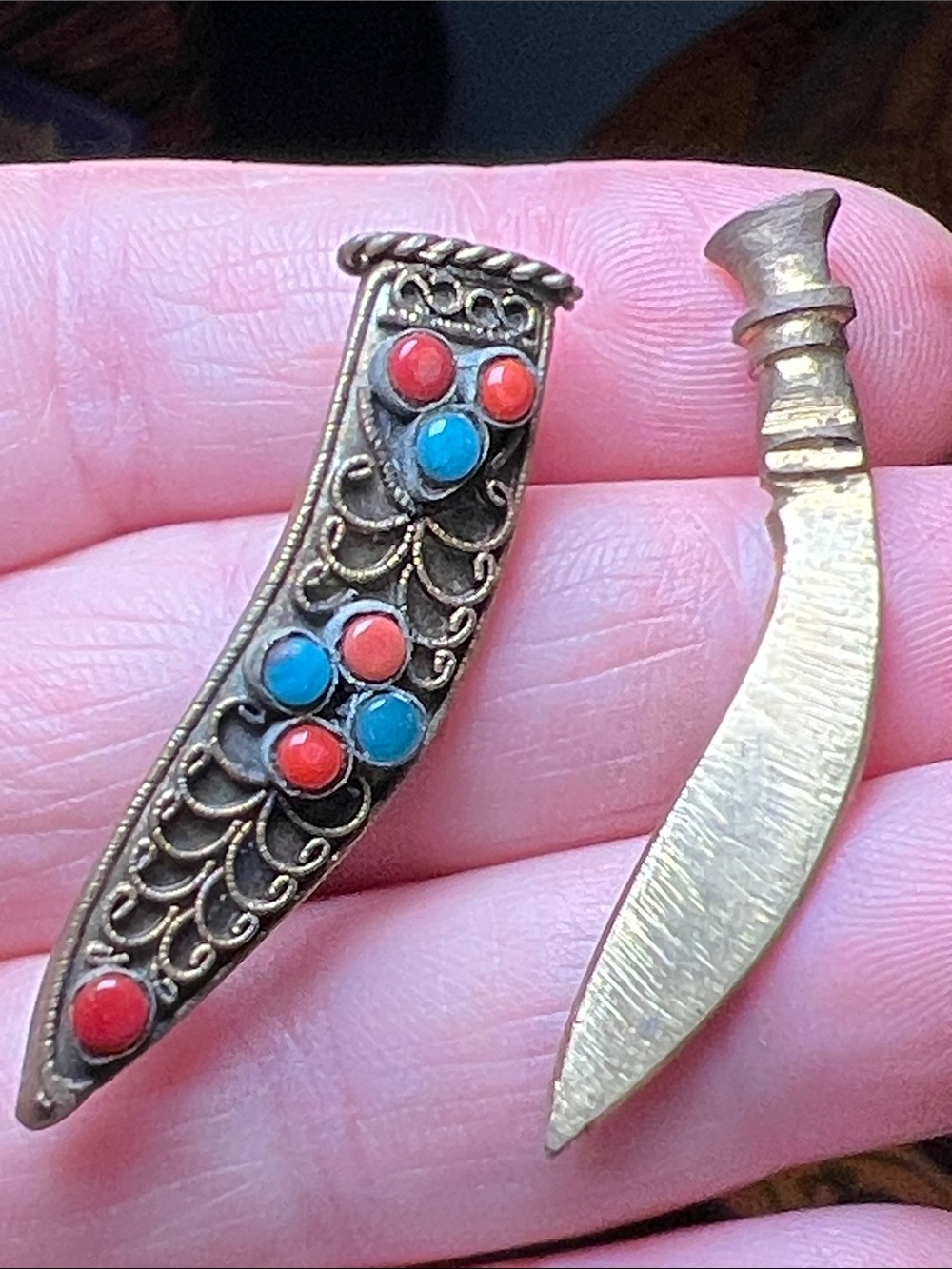Vintage Antique Ornate Brass Filigree Tiny Dagger Sword Sheath Kukri Brooch Pin